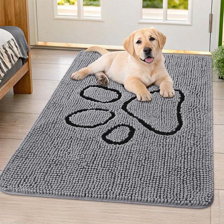 Smiry Dog Door Mat for Muddy Paws, Absorbent Dirt Trapper Non Slip Quick Dry Washable Chenille Mat for Mud Dogs, Entry Rug for Indoor and Outdoor (30x20 Inches, Grey and Black)
