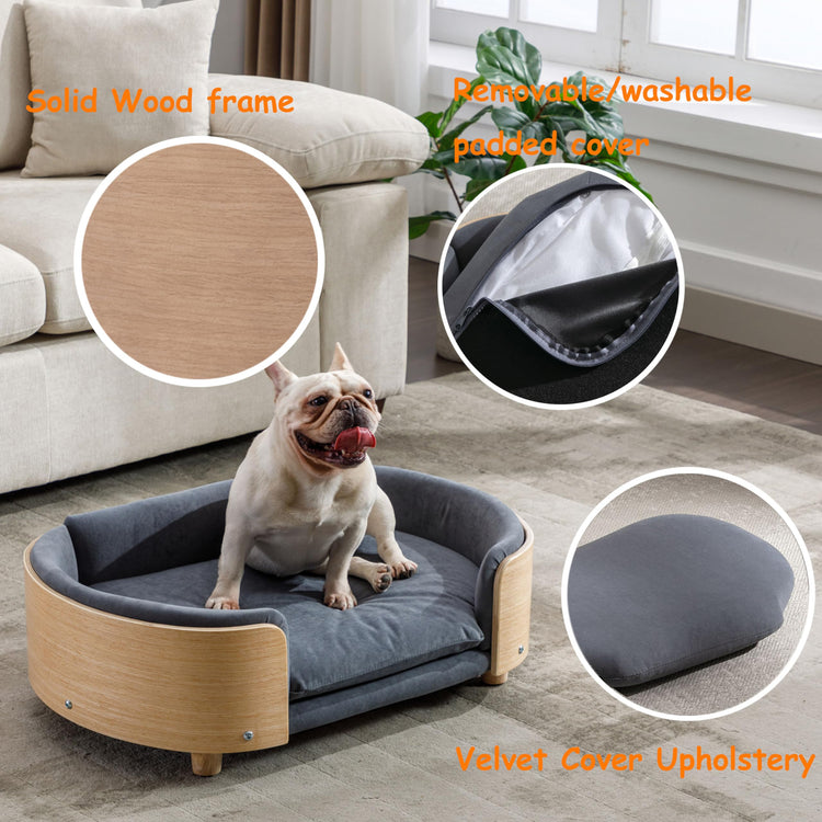 Elevated Dog Bed Pet Sofa with Solid Wood Legs and Bent Soft Backrest, Pet Cat Stool Bed with Velvet Cushion,for Small and Medium Size Dogs Kitten, Dark Gray, Small Size