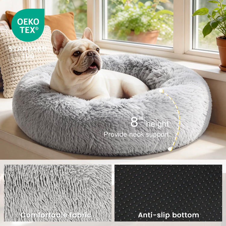 Love's cabin Calming Dog & Cat Bed, Cat Bed for Indoor Cats, Anti-Anxiety Donut Round Bed, Fluffy Warming Pet Bed for Small Medium Dogs and Cats, Beige Taupe 20"/24"