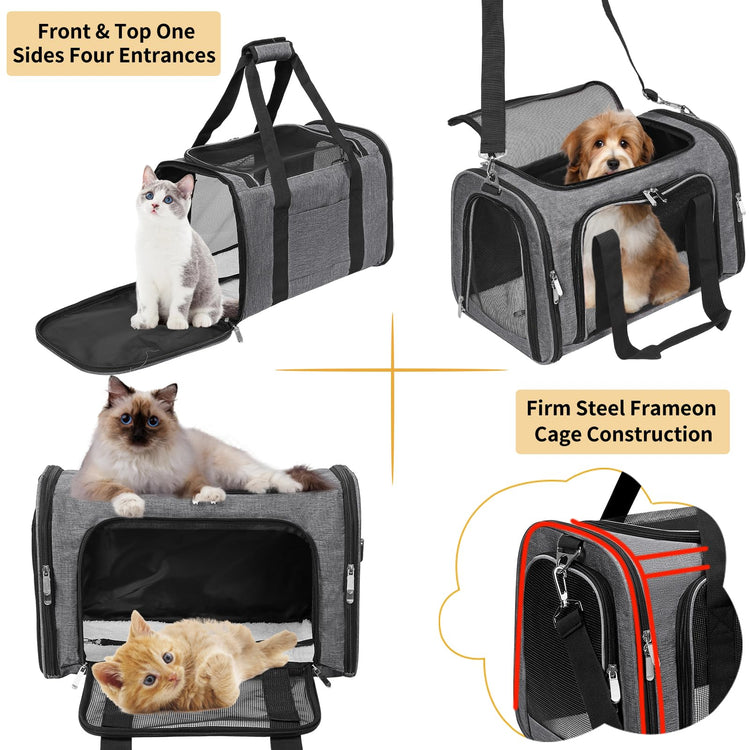 Soft-Sided Cat/Dog/Pet Carrier, Collapsible Pets Travel Carriers for Big Cats/Small Dogs with Shoulder Strap & Removable Mat, Mesh Puppy Carry Bag, Up to 16 Lbs, TSA Airline Approved(Black)