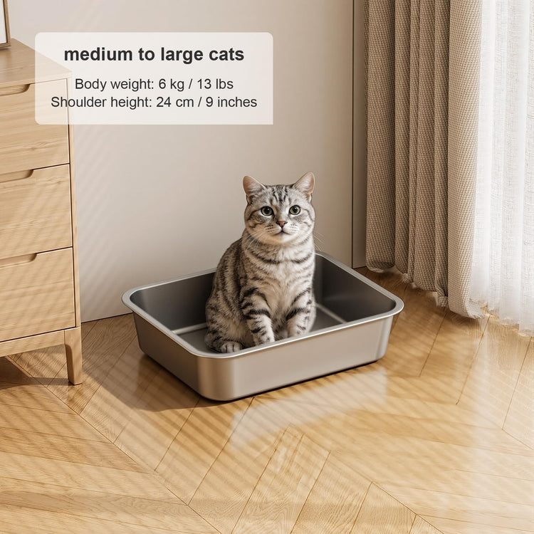 Stainless Steel Litter Box with High Sided, Metal Cat Litter Box, Odor-Free, Non-Stick Litterbox Pan, Easy to Clean Pet Supplies Toilet Tray for Indoor Cats, Kittens or Multicat Homes