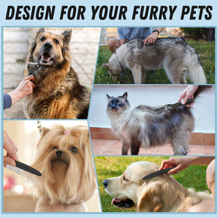 Docrok Pet Grooming Combo - Blue Deshedding Brush with Metal Comb for Detangling and Dematting Long, Matted Fur on Cats and Dogs