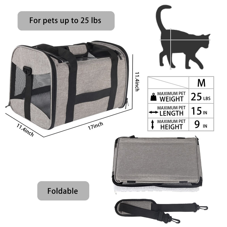 Cat Dog Carriers Soft-Sided Pet Carrier Large Cats for Medium Big Cat Small Dog Puppy up to 16lbs TSA Airline Approved Animal Collapsible Cat Carrier Carriers Travel Carrier Cat Bag (17x11x11)