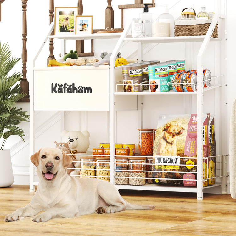 KAFAHOM Dog Toy Basket with Collar Leash Holder Hooks, Large Pet Bin, Dog Toy Box for Living Room Area, Cat Stuff Storage Organizer with Cabinet and Can Dispenser, Great Gifts for Pet Lovers