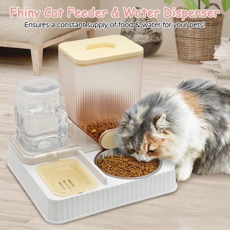 Fhiny Gravity Cat Feeder & Water Dispenser, 2 in 1 Automatic Puppy Waterer Removable Stainless Steel Food Bowls Set Self Feeding Pet Food Storage for Cat Kitten Puppy Easy Clean (White)