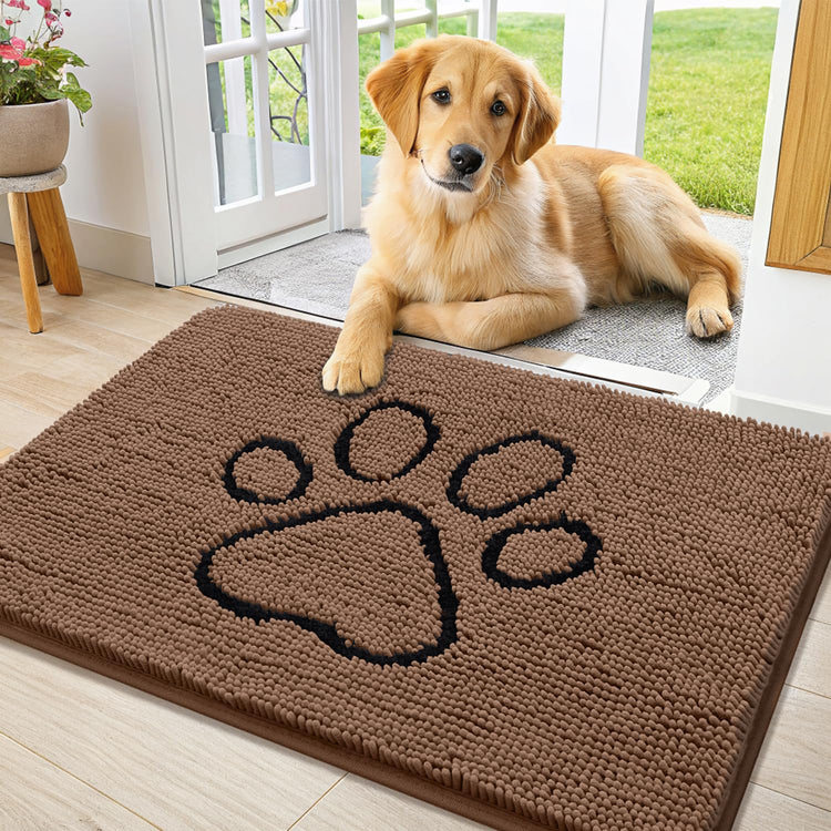 Smiry Dog Door Mat for Muddy Paws, Absorbent Dirt Trapper Non Slip Quick Dry Washable Chenille Mat for Mud Dogs, Entry Rug for Indoor and Outdoor (30x20 Inches, Grey and Black)