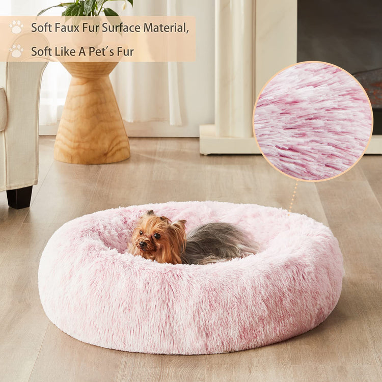 WNPETHOME Calming Dog Bed & Cat Bed, Anti-Anxiety Donut Small Dog Bed, Fluffy Faux Fur Cats Cushion Puppy Bed for Small Pets and Cats (24 x 24 inch, Light Coffee)