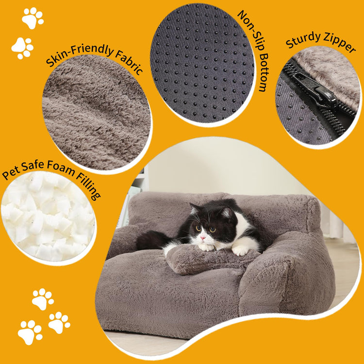 Fluffy Cat Couch for Indoor Cats, Small Dog Bed with Bone Shaped Pillow, Anti-Anxiety Pet Bed with Washable Cover, Brown