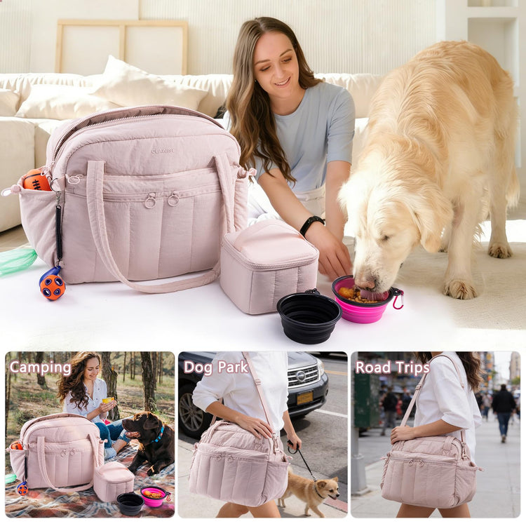 Dog Travel Bag for Supplies, Airline Approved Pet Travel Organizer with 2 Food Containers & Collapsible Bowls, Large Capacity Dogs Tote Bag for Weekend, Stylish Dog Mom Gift for Pet Lovers
