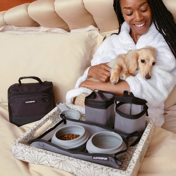 Cleverpup, Large 7-Piece Bistro Box Dog Food Travel Kit, 12-Cup Kibble Storage, 2 Silicone Bowls, Mat & Scoop - Premium Portable Pet Food Kit for Weekends, Overnights, Daycare & Camping, Checkerboard