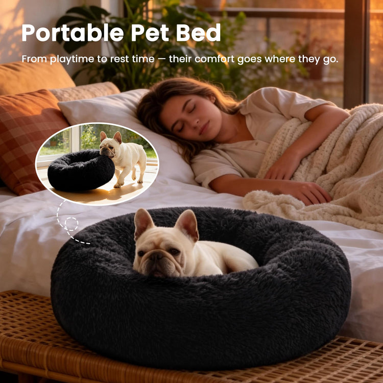 Love's cabin Calming Dog & Cat Bed, Cat Bed for Indoor Cats, Anti-Anxiety Donut Round Bed, Fluffy Warming Pet Bed for Small Medium Dogs and Cats, Beige Taupe 20"/24"
