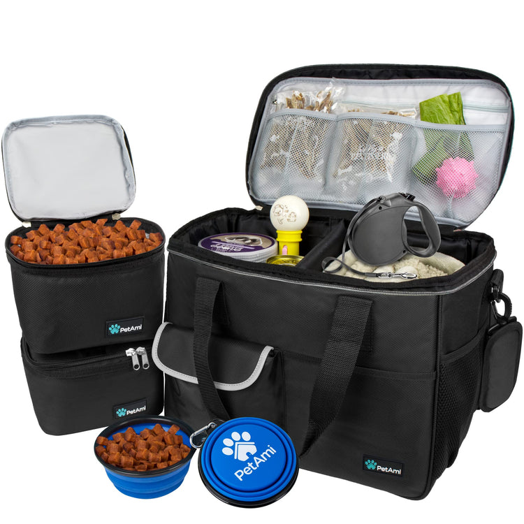 PetAmi Dog Travel Bag Organizer, Pet Travel Kit with 2 Food Containers & 2 Collapsible Dog Bowls, Pet Supplies Tote with Luggage Sleeve, Weekend Road Trip Camping Essentials, Dark Gray, Medium