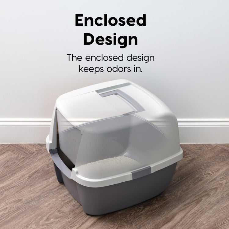 IRIS USA Cat Litter Box Large with Front Door Flap, Covered Enclosed Litter Box Enclosure with Scoop, Handle & Buckles for Portability & Privacy, Hidden Litter Pan, Navy