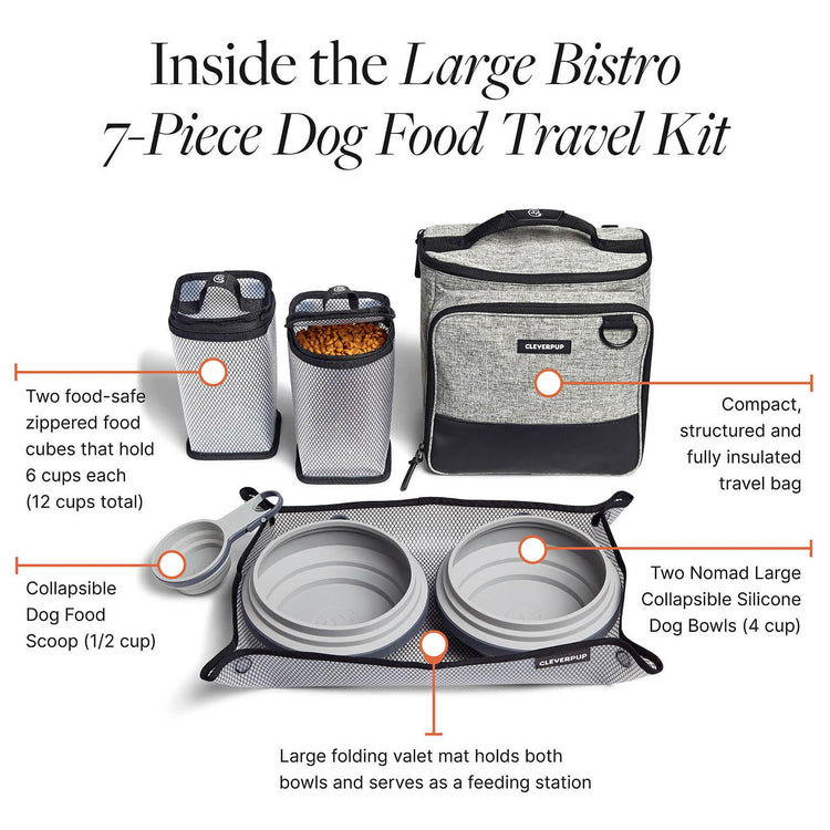 Cleverpup, Large 7-Piece Bistro Box Dog Food Travel Kit, 12-Cup Kibble Storage, 2 Silicone Bowls, Mat & Scoop - Premium Portable Pet Food Kit for Weekends, Overnights, Daycare & Camping, Checkerboard