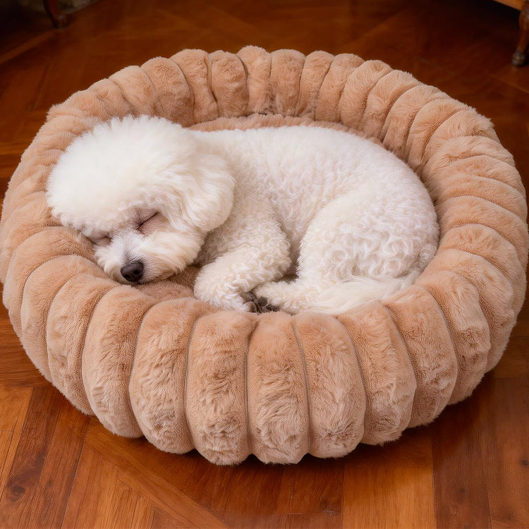 Donut Dog and Cat Bed, Luxurious Comfortable Faux Rabbit Fur Pet Beds, Round Anti-Anxiety Calming Puppy Kitten Bed with Anti-Slip Bottom for Small Medium Dogs & Cats(28", White)