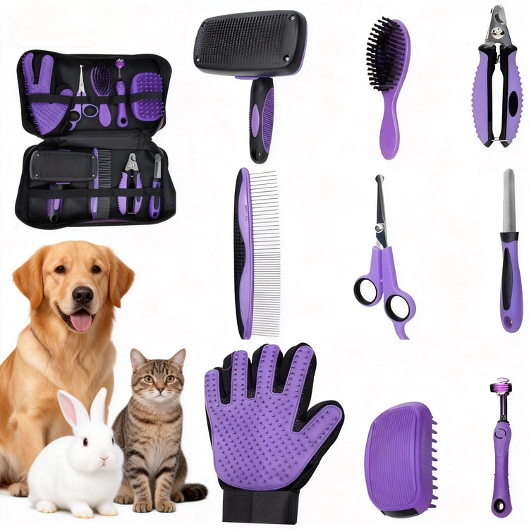 Pet Grooming Tools Kit-9 Packs Dog Cat Grooming Kit Dog Cat Grooming Supplies Dog Cat Brush Set Dog Nail Clippers and Cat Trimming Tools for Short and Long Hair Dog Cat Grooming (Purple)