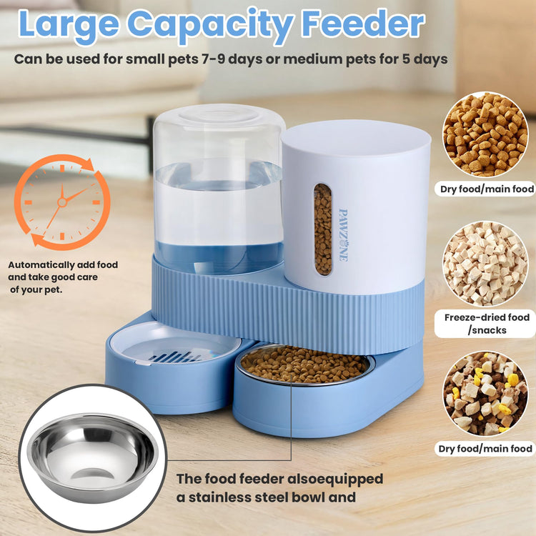 2 Pack Automatic Cat Feeder Stainless Steel Water Dispenser Gravity Food Feeder and Waterer Set with Pet Food Bowl for Small Medium Kitten Puppy Pets Large Capacity(Grey)