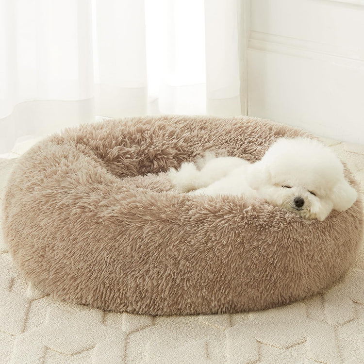 WNPETHOME Calming Dog Bed & Cat Bed, Anti-Anxiety Donut Small Dog Bed, Fluffy Faux Fur Cats Cushion Puppy Bed for Small Pets and Cats (24 x 24 inch, Light Coffee)