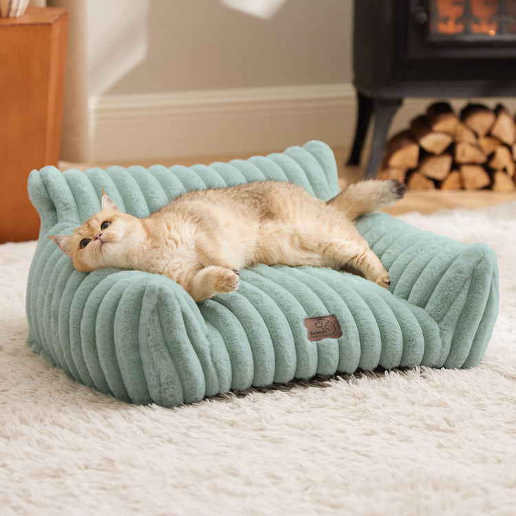 Bedsure ComfyFleece™ Cute Cat Couch for Pets - As Seen on TV on Good Day New York, Fluffy Cats beds for Indoor Cats with Removable Washable Cover, Supportive Pet Sofa, 24inch, Cream