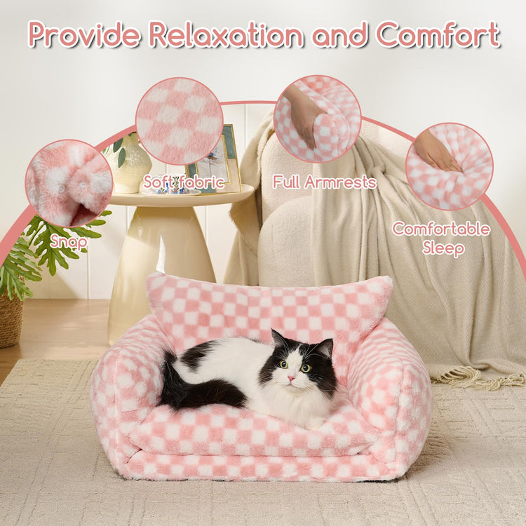 Hollypet Cat Bed Fluffy Plush Multifunctional Double-Layer Machine Washable Soft Warming Kitty Pet Couch Orthopedic Nest Beds for Small Cats Kitten and Dogs up to 13lbs, Khaki(25x20x13 inch)