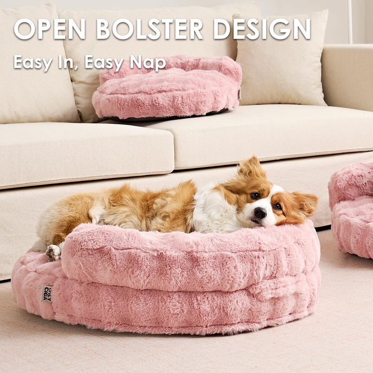 EHEYCIGA Soft Cat Couch Bed for Indoor Cats, Fluffy Small Dog Bed with Removable Washable Cover, Bolster Pet Sofa, Waterproof and Non-Slip, 23" x 23"x 7", Cream