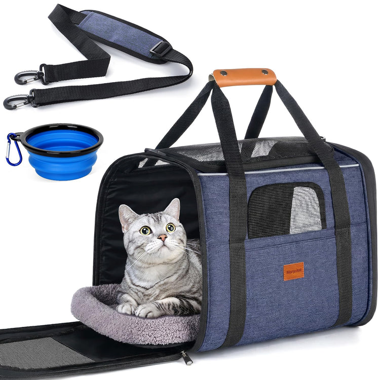 Morpilot Pet Carrier for Large Cats, Puppies & Small Dogs Up to 25lbs, Escape-Proof with Locking Zippers, Dual-Sided Cushion, Safety Buckle for Car & Vet Travel, Includes Foldable Bowl (Dark Gray)