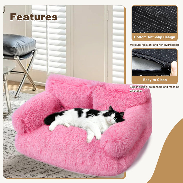 Large Cat Beds for Indoor Cats, Dog Couch Bed, Cute Cat Couch Sofas for Less 20lbs Kitten Puppy, Small Dog Sofas & Chairs with Removable Washable Cover, Soft Warm Pet Furniture, Cream