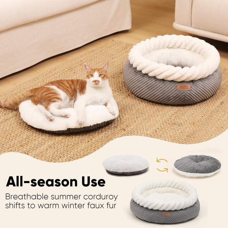 FUKUMARU Cat Bed, Calming Donut Dog Beds, Plush Faux Fur&Corduroy Kitten Beds, Cute Round Washable Pet Bed for Large Cats and Puppy, Cat Cave with Anti-Slip Bottom, 21inch, Camel