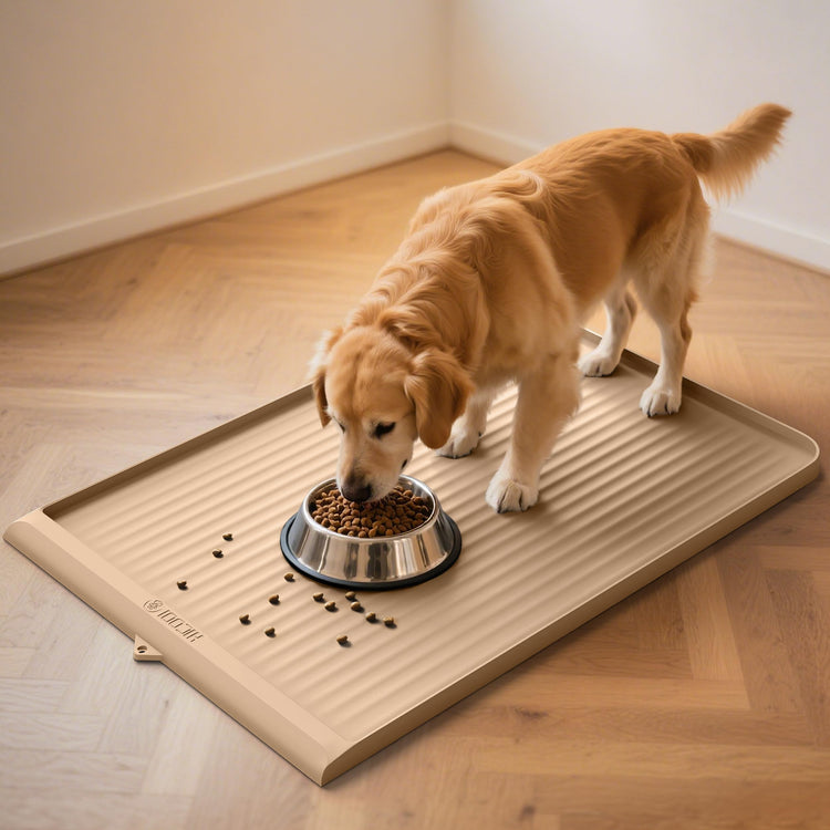 Dog Food Mat 36"x24", Waterproof Pet Feeding Mat with Diversion Grooves and Raised Edges, Large Non-Slip Dog Bowl Mat for Food and Water, Cat Food Mat for Floors, Easy to Clean, Grey