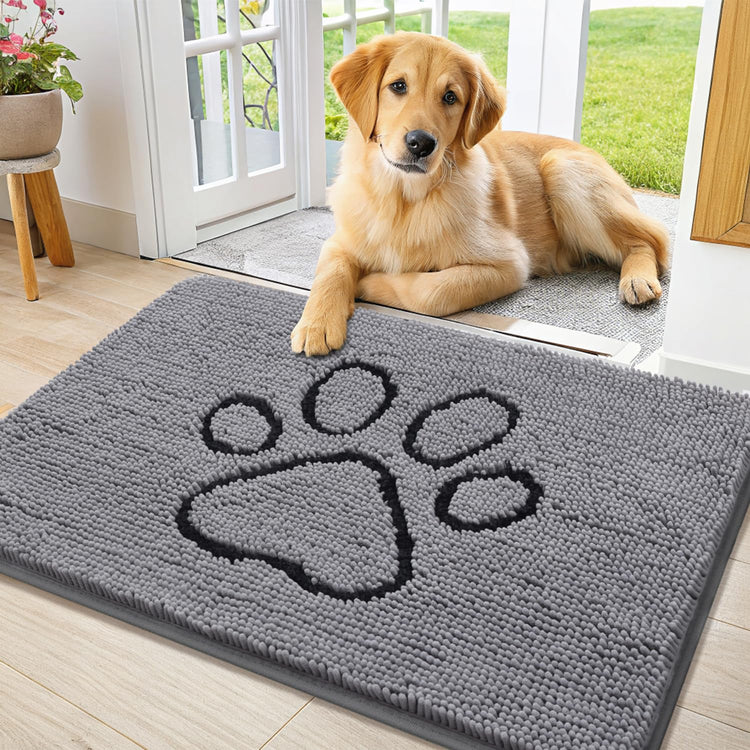 Smiry Dog Door Mat for Muddy Paws, Absorbent Dirt Trapper Non Slip Quick Dry Washable Chenille Mat for Mud Dogs, Entry Rug for Indoor and Outdoor (30x20 Inches, Grey and Black)