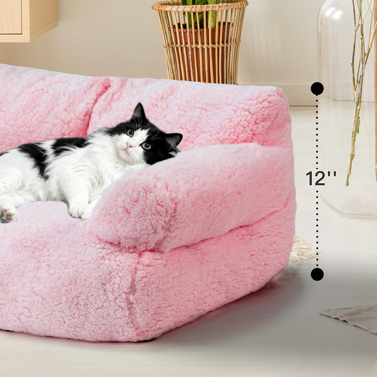 Large Cat Beds for Indoor Cats, Dog Couch Bed, Cute Cat Couch Sofas for Less 20lbs Kitten Puppy, Small Dog Sofas & Chairs with Removable Washable Cover, Soft Warm Pet Furniture, Cream