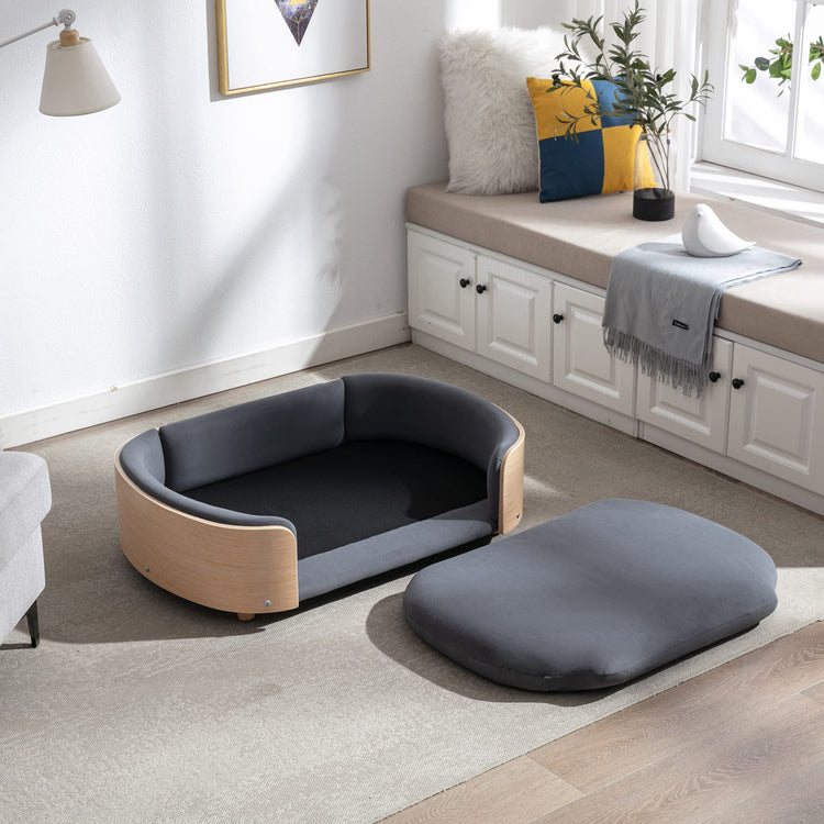 Elevated Dog Bed Pet Sofa with Solid Wood Legs and Bent Soft Backrest, Pet Cat Stool Bed with Velvet Cushion,for Small and Medium Size Dogs Kitten, Dark Gray, Small Size