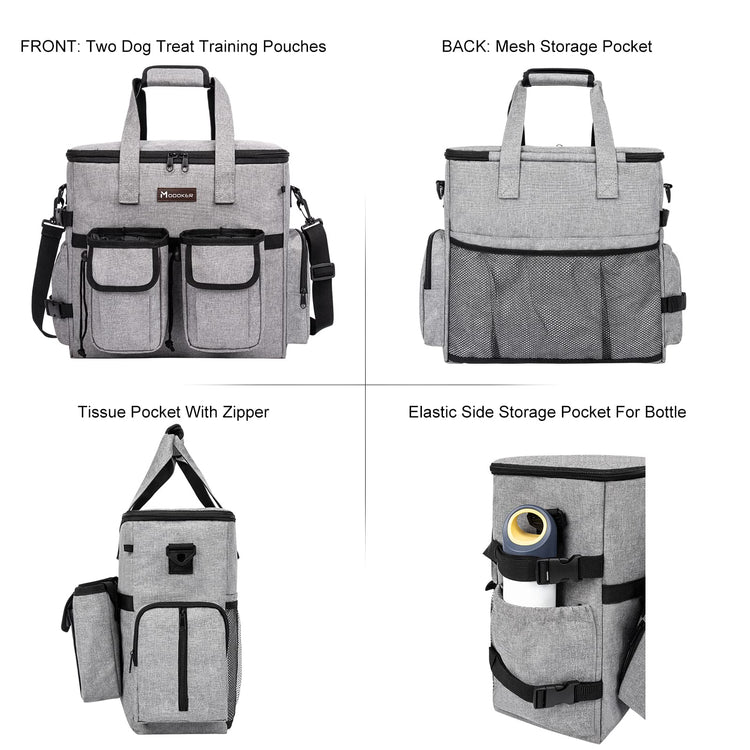 Modoker Dog Travel Bag Backpack, Airline Approved Pet Accessories Organizer for Dog and Cat with Shoulder Strap, 2 Dog Food Storage Containers, 2 Collapsible Dog Bowls,1 Pet Mat, Grey