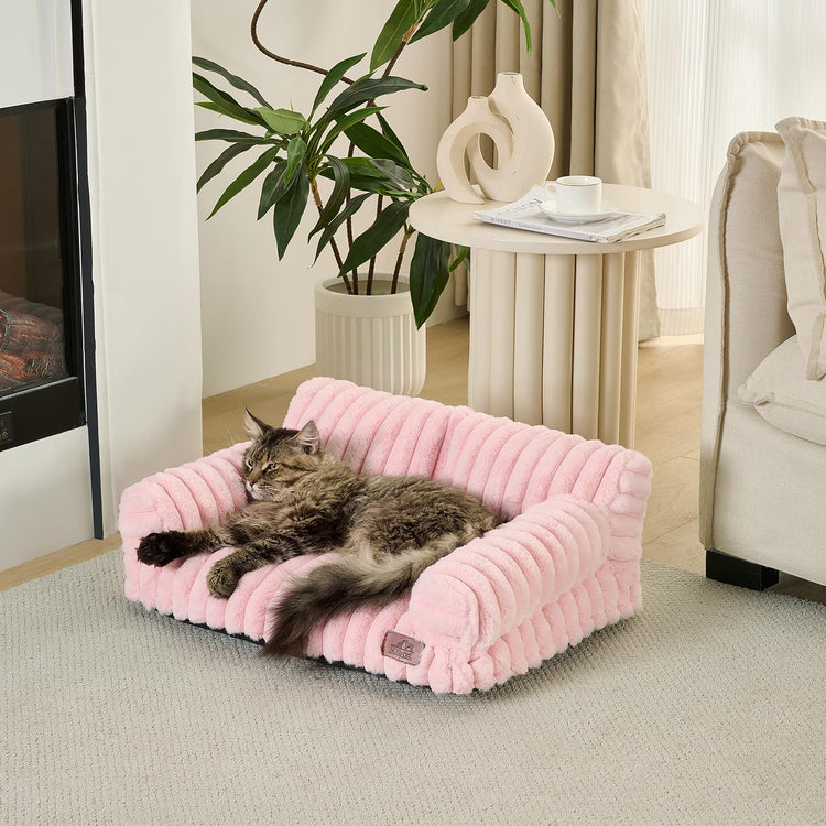 Hollypet Fluffy Dog Cat Bed Pet Couch Beds Plush Soft Warming Machine Washable Puppy Bed with Non-Slip Bottom for Cats and Small Medium Dogs up to 25 lbs, Gray, 24" L x 18" W x 10" Th