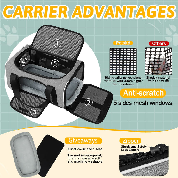 Petskd Pet Carrier 17x11x9.5 Alaska Airline Approved,Pet Travel Carrier Bag for Small Cats and Dogs, Soft Dog Carrier for 1-10 LBS Pets,Dog Cat Carrier with Safety Lock Zipper(Black)
