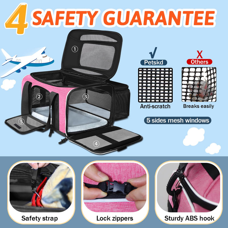 Petskd Top and Side Expandable Pet Carrier 18x11x11 Inches Delta United Airline Approved, Soft-Sided Carrier for Small Cats and Dogs with Locking Safety Zippers and Anti-Scratch Mesh(Black)