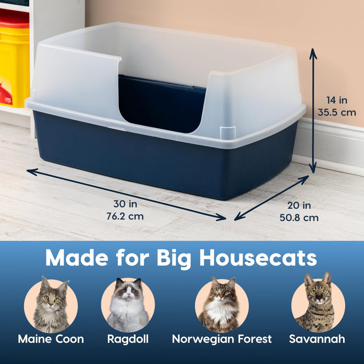 IRIS USA Cat Litter Box XX-Large Open Top with High Sided Walls Tall Scatter Shield Scoop Included Easy Clean Plastic Pan for Big Cats Kittens Multi-Cat Households 30"L x 20"W x 14"H Navy