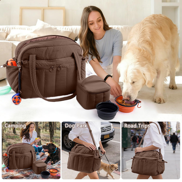 Dog Travel Bag for Supplies, Airline Approved Pet Travel Organizer with 2 Food Containers & Collapsible Bowls, Large Capacity Dogs Tote Bag for Weekend, Stylish Dog Mom Gift for Pet Lovers
