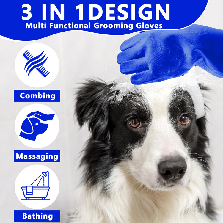 Pet Grooming Gloves—Dog Washing Gloves with High-Density Teeth, Dog Bath Scrubber with Enhanced Five Finger Design, Silicone Gloves for Dogs and Cats Bathing, Massage (Blue)
