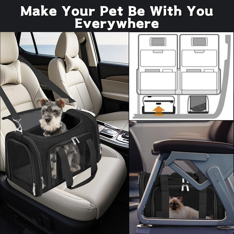 Soft-Sided Cat/Dog/Pet Carrier, Collapsible Pets Travel Carriers for Big Cats/Small Dogs with Shoulder Strap & Removable Mat, Mesh Puppy Carry Bag, Up to 16 Lbs, TSA Airline Approved(Black)