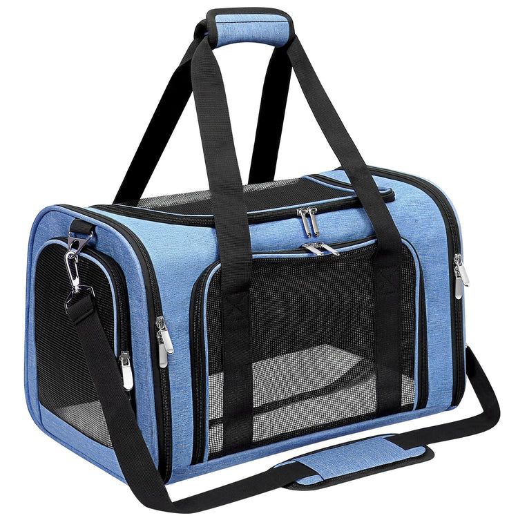 Soft-Sided Cat/Dog/Pet Carrier, Collapsible Pets Travel Carriers for Big Cats/Small Dogs with Shoulder Strap & Removable Mat, Mesh Puppy Carry Bag, Up to 16 Lbs, TSA Airline Approved(Black)