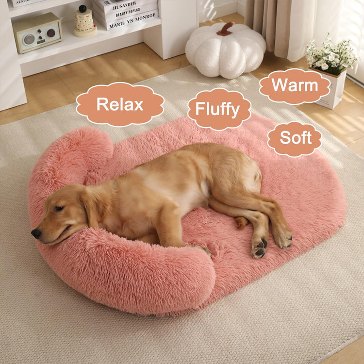 Orthopedic Dog Bed with Egg-Crate Base, Calming Dog & Cat Beds Long Plush with Raised Edges, Spine Friendly Pet Sleeping Mat for Small Medium Dogs, Machine Washable (Oval, Beige 26"x20")