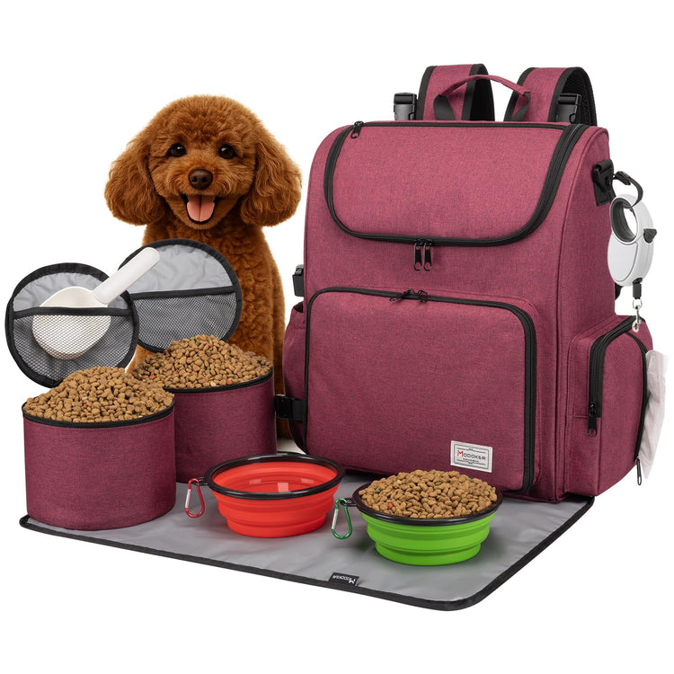 Modoker Dog Travel Bag Backpack, Airline Approved Pet Accessories Organizer for Dog and Cat with Shoulder Strap, 2 Dog Food Storage Containers, 2 Collapsible Dog Bowls,1 Pet Mat, Grey
