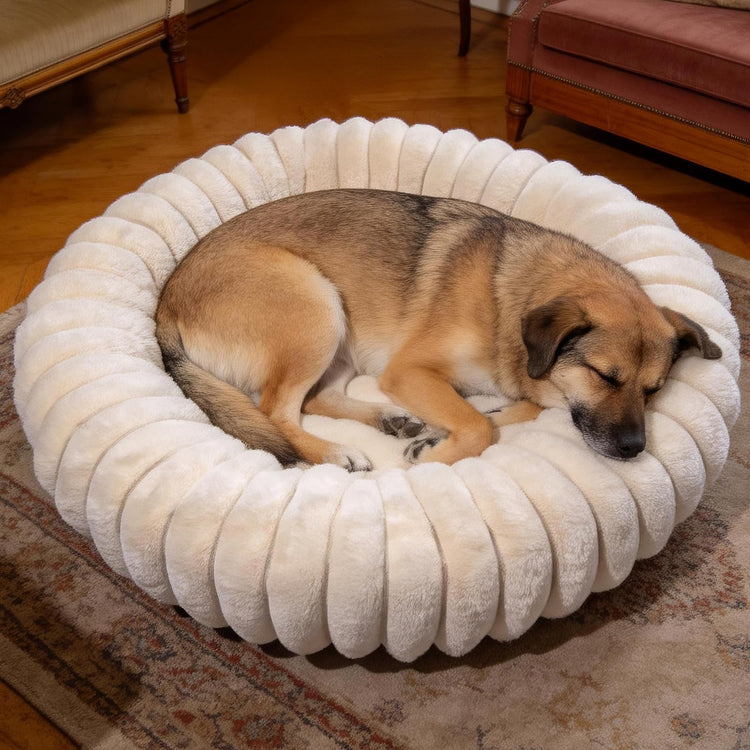 Donut Dog and Cat Bed, Luxurious Comfortable Faux Rabbit Fur Pet Beds, Round Anti-Anxiety Calming Puppy Kitten Bed with Anti-Slip Bottom for Small Medium Dogs & Cats(28", White)