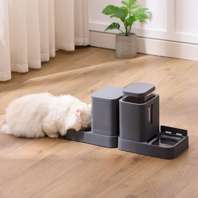 ZOMISIA Automatic Cat Feeder and Water Dispenser Set, 2 in 1 Gravity Cat Food Dispenser with 180 Degree Rotatable, Pet Self Feeding Large Capacity for Small Dogs Puppy Kitten, Black, 0.8 Gallon x 2