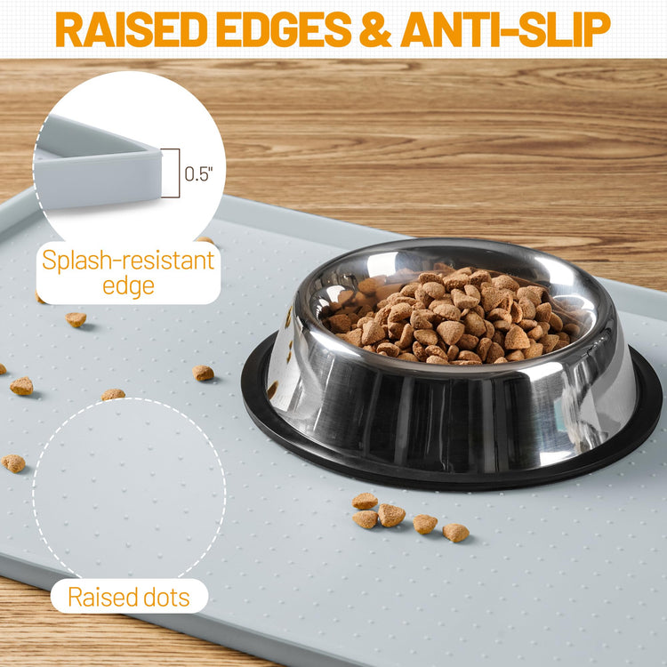Hubulk Dog Feeding Mat,100% Waterproof Food Grade Silicone Pet Food and Water Bowl Placemat,Dishwasher, High Raised Edge to Prevent Spills,Nonslip Tray to Stop Messes on Floor (19"x12"x0.5", Grey)