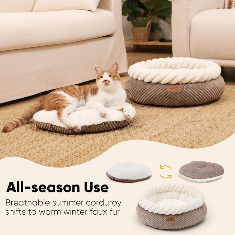 FUKUMARU Cat Bed, Calming Donut Dog Beds, Plush Faux Fur&Corduroy Kitten Beds, Cute Round Washable Pet Bed for Large Cats and Puppy, Cat Cave with Anti-Slip Bottom, 21inch, Camel