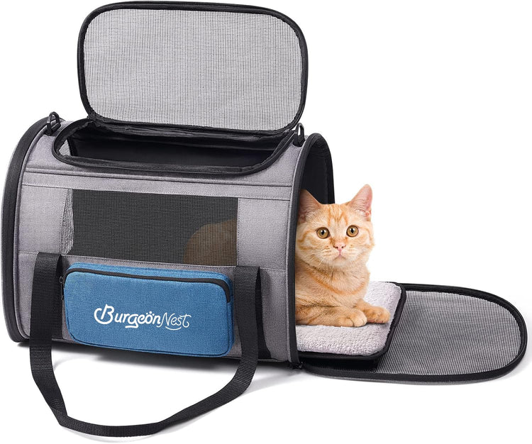 BurgeonNest Cat Carrier for Large Cats 20 lbs, Soft-Sided Pet Carrier for Small Dogs Medium Puppy Under 25 lbs, Puppy Travel Bag with Big Storage Bag, 4 Ventilated Windows, 3 Doors