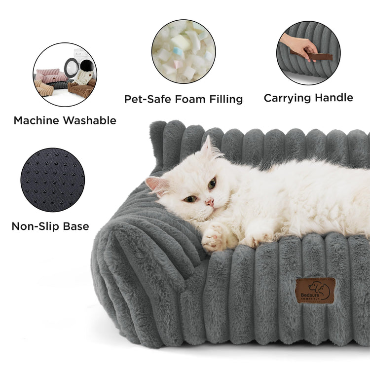 Bedsure ComfyFleece™ Cute Cat Couch for Pets - As Seen on TV on Good Day New York, Fluffy Cats beds for Indoor Cats with Removable Washable Cover, Supportive Pet Sofa, 24inch, Cream