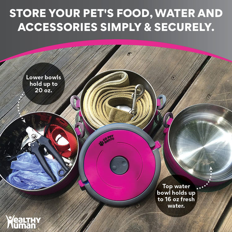 Healthy Human Travel Pet Bento Bowls - Human-Grade Stainless Steel & BPA-Free, Leak-Proof Water & Food Container Set for Dogs & Cats, 4-Pack Interlocking Bowls, Includes Spare Clips & Handle (Pink)
